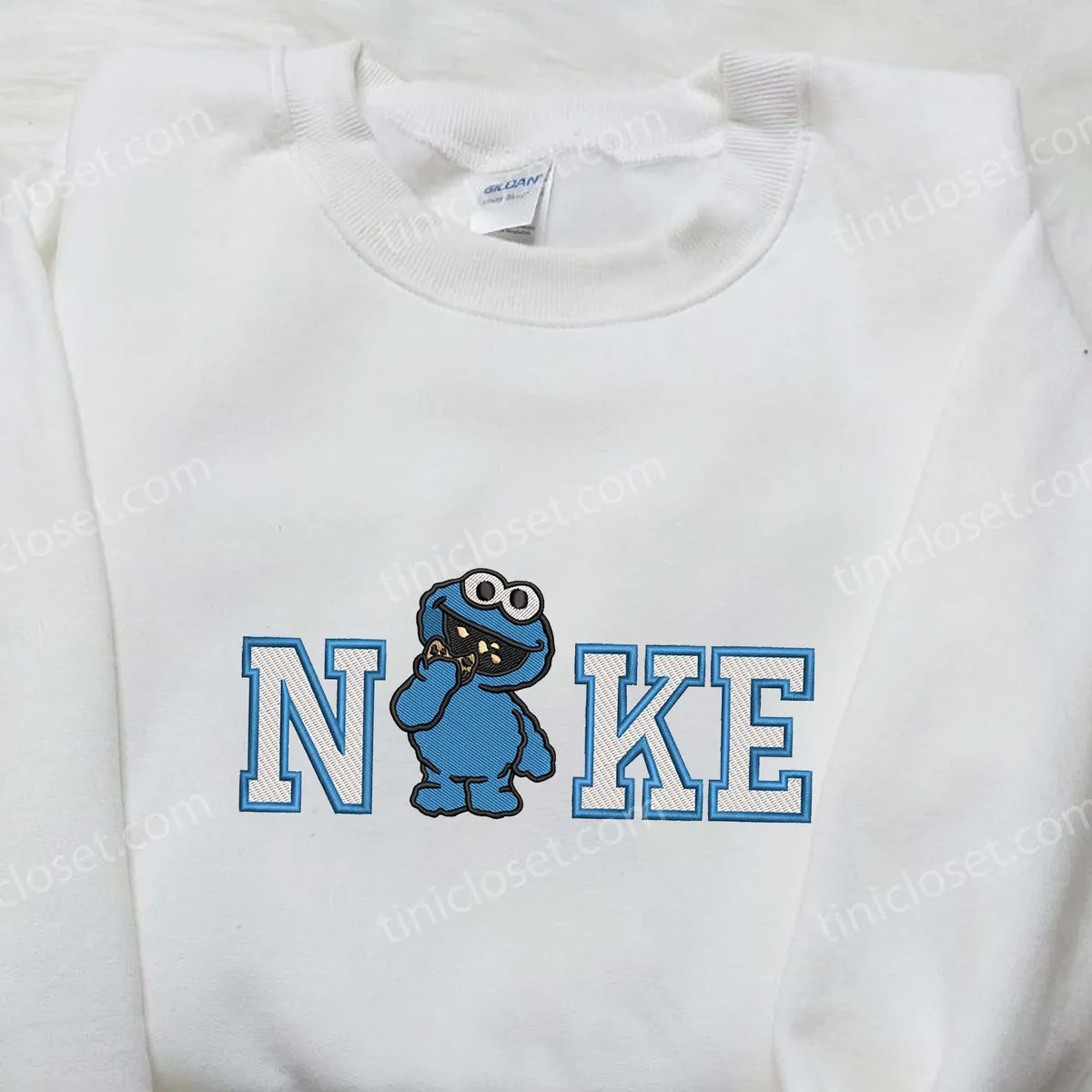 Cookie Monster Eating x Nike Embroidered Shirt, Sesame Street Embroidered Shirt, Custom Nike Embroidered Shirt