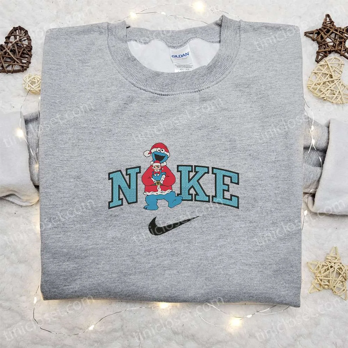 Cookie Monster x Nike Christmas Embroidered Sweatshirt, Cartoon Christmas Embroidered Shirt, Best Christmas Gift Ideas