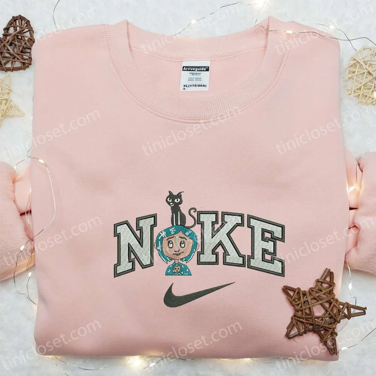 Coraline And The Cat x Nike Embroidered Sweatshirt, Cartoon Embroidered Hoodie, Nike Inspired Embroidered Shirt