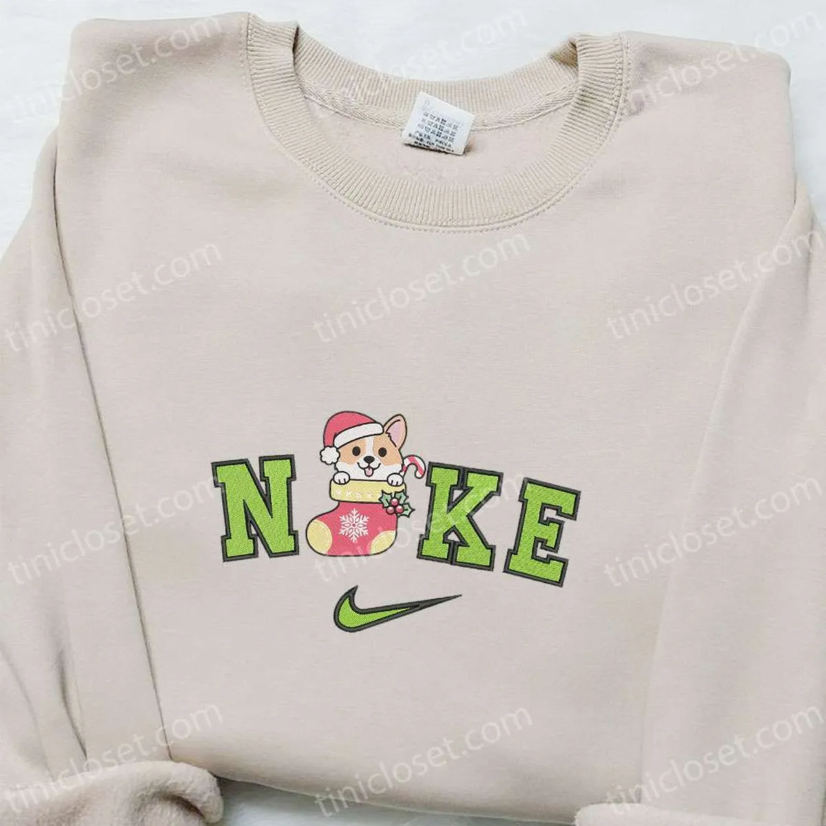 Corgi Dog in Sock x Nike Christmas Embroidered Sweatshirt, Cartoon Christmas Embroidered Shirt, Best Christmas Gift Ideas