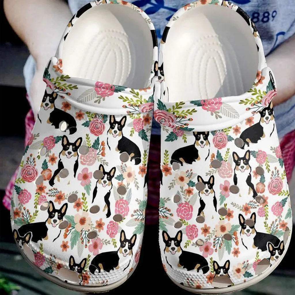 Corgi Floral Pattern Crocs Classic Clogs