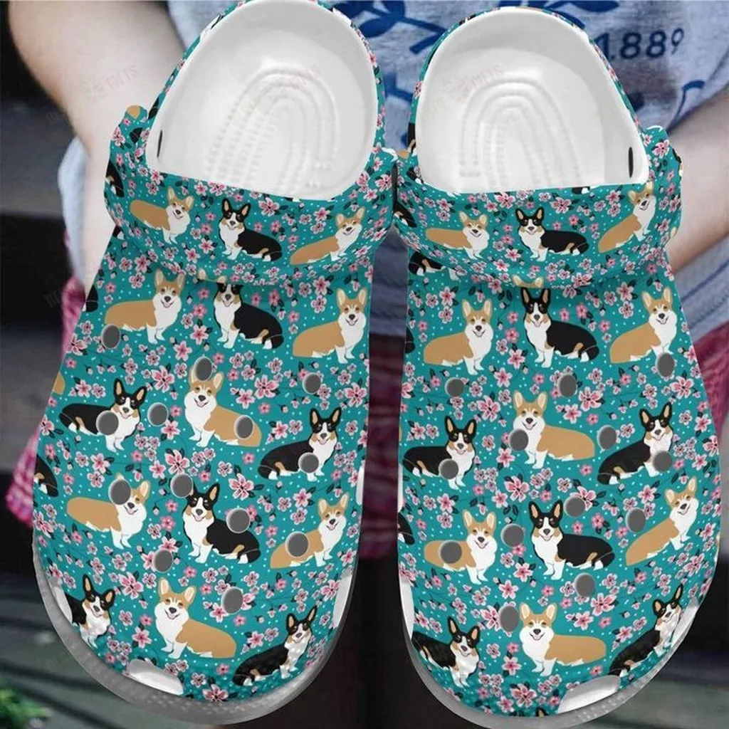 Corgi White Sole Corgi Blossoms Crocs, Personalized Crocs Classic Clogs