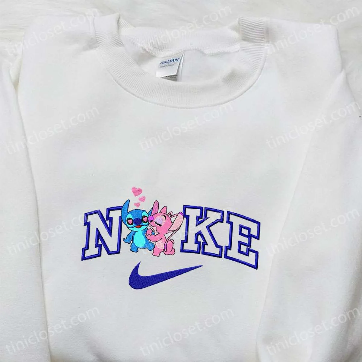 Couple Love Stitch Angel x Nike Cartoon Embroidered Tshirt, Nike Inspired Embroidered Shirt, Best Valentine? Day Gift Ideas