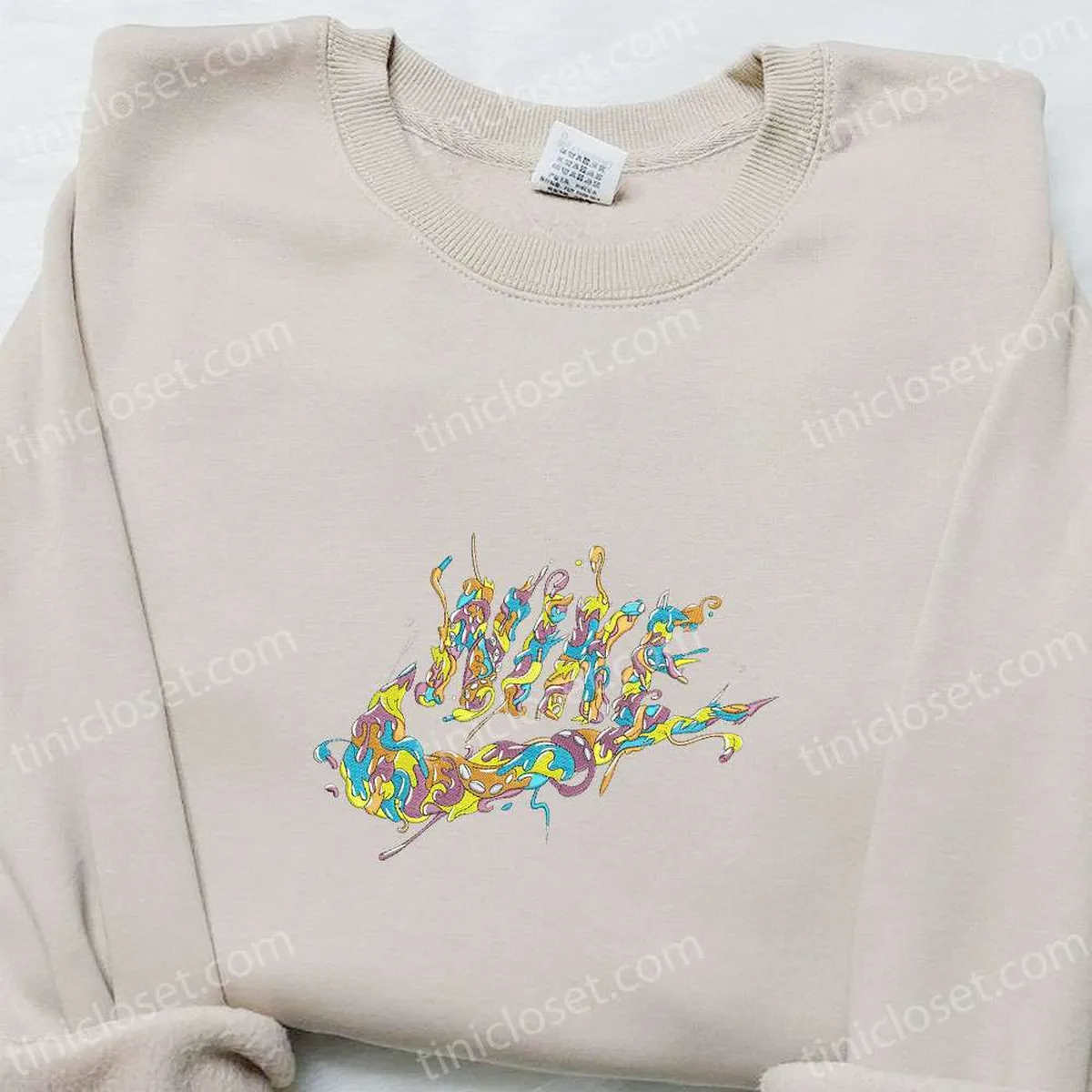 Curly Melting Nike Logo Embroidered Shirt, Nike Inspired Embroidered Hoodie, Best Gifts For Family