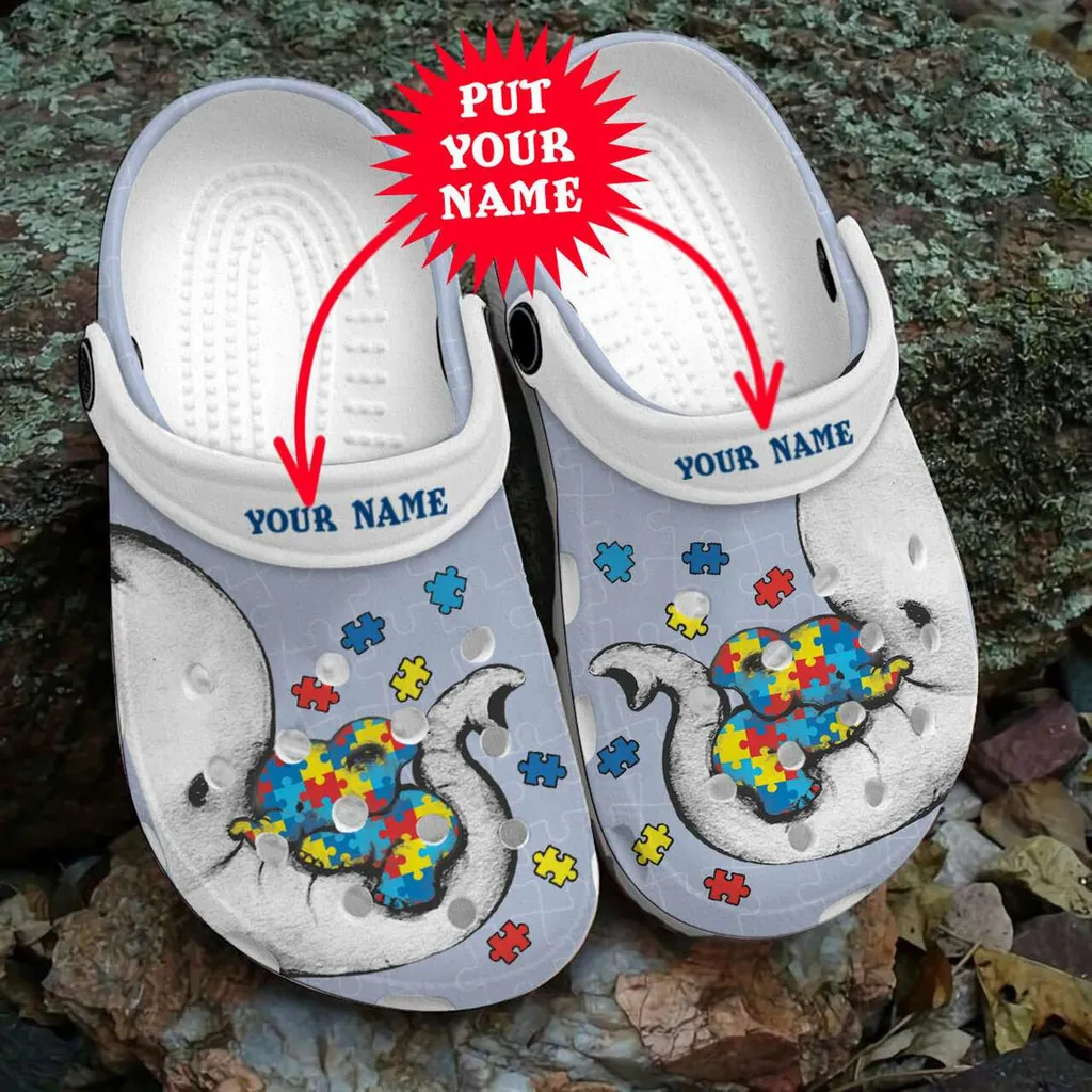 Custom Name Autism Awareness Day Elephant Mom And Baby Puzzle Piece Crocs Crocband Clog