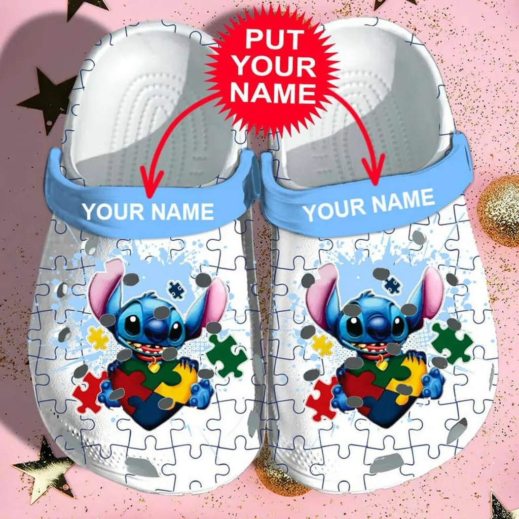 Custom Name Autism Awareness Day Stitch Puzzle Pieces Crocs Crocband Clog