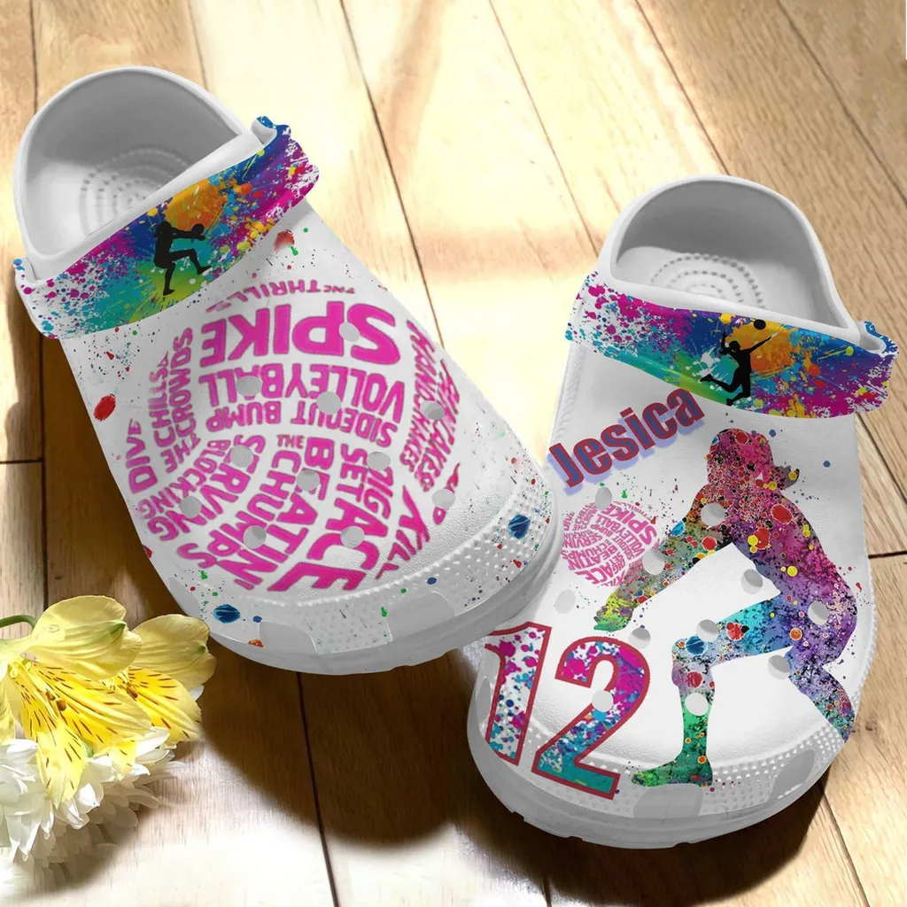 Custom Name Highlights Volleyball Sport Paint Flakes Gift For Lover Rubber Crocs Clog