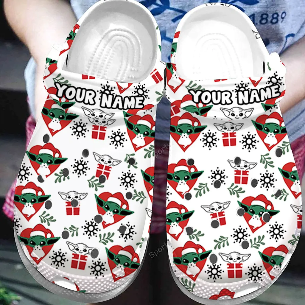 Custom Name Merry Christmas Baby Yoda White Clogs