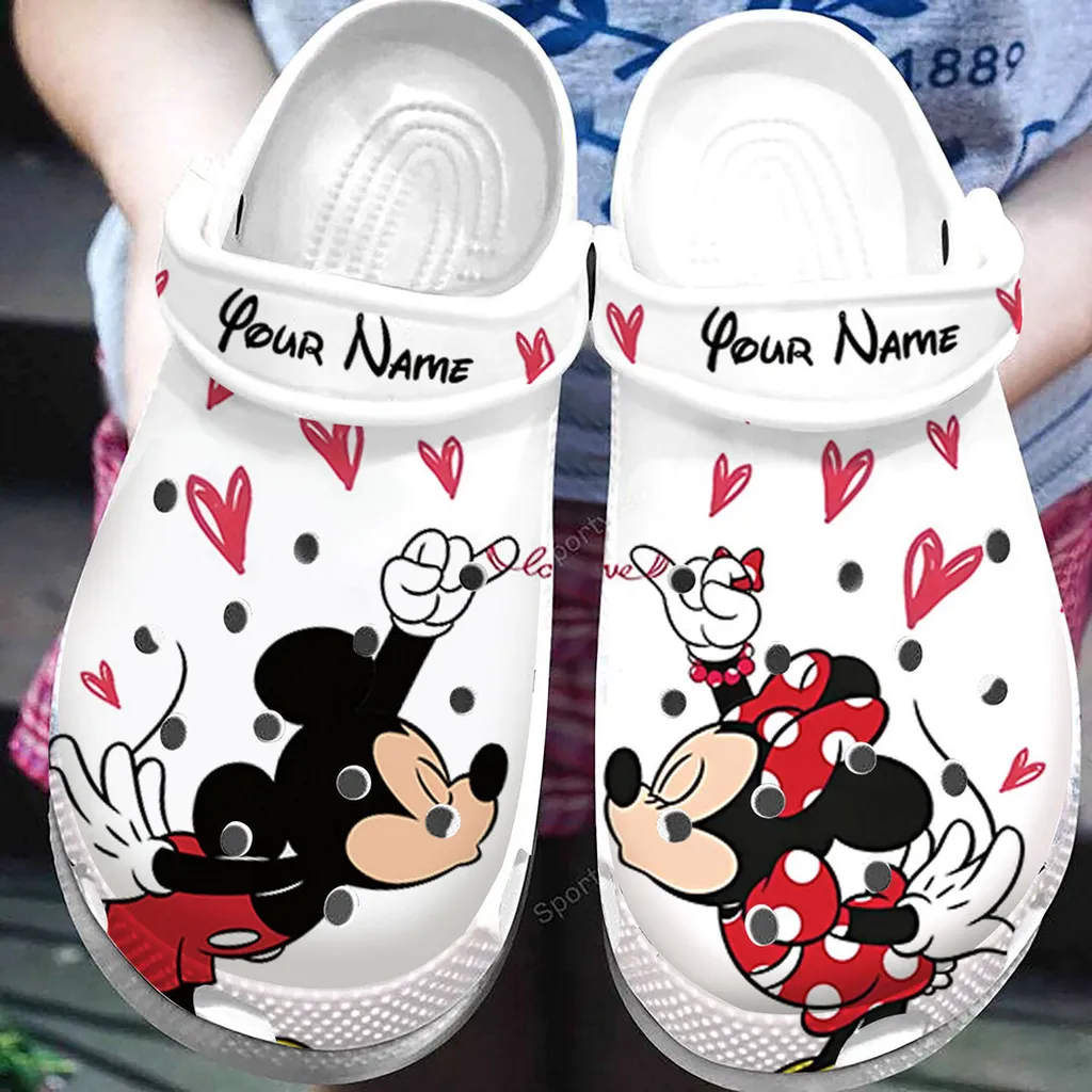 Custom Name Mickey Minnie So Cute Love Couple White Clogs