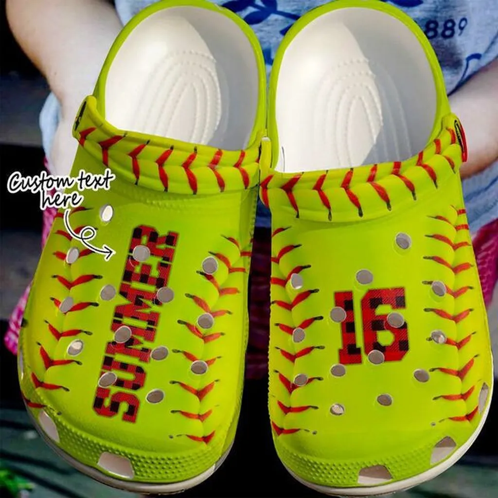 Custom Name Number Softball Red Caro Clogs