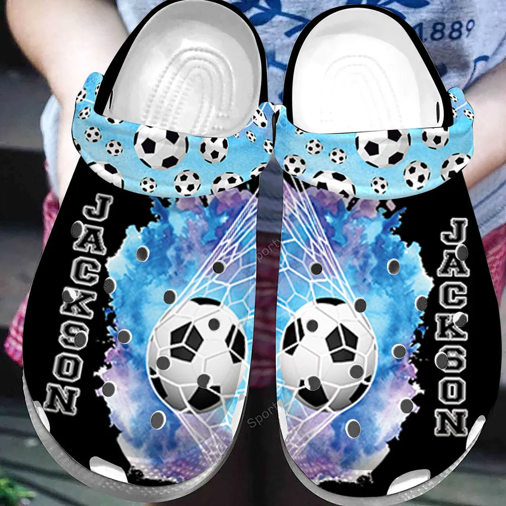 Custom Name Soccer Ball In The Goal Net Black Blue Clogs