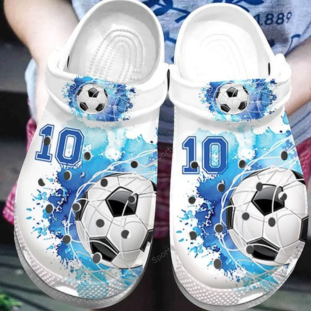 Custom Number Soccer Goal Blue White Watercolor Clogs