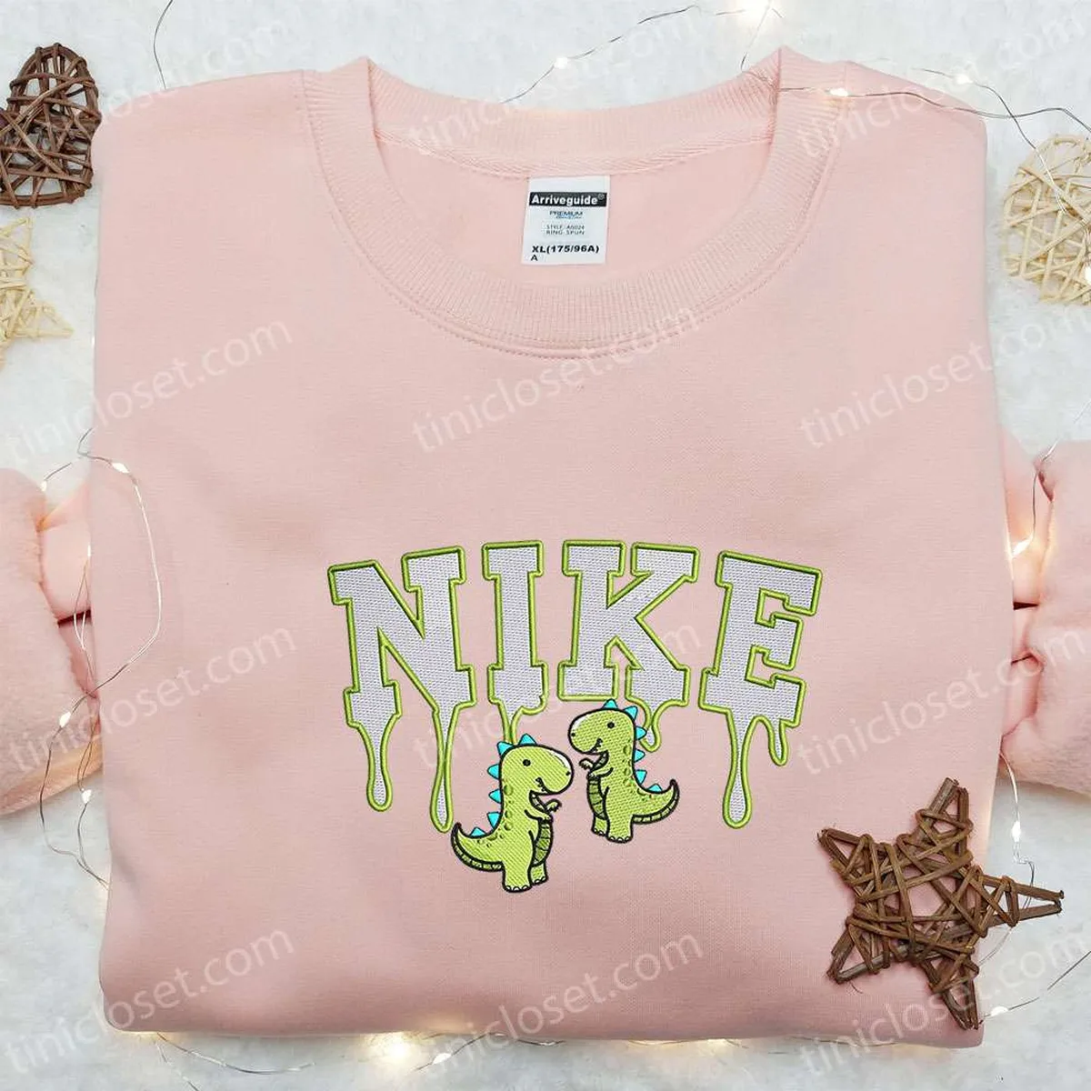 Cute Green Dinosaurs x Nike Embroidered Shirt, Cartoon Embroidered Hoodie, Nike Inspired Embroidered Sweatshirt