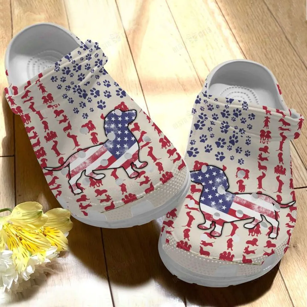 Dachshund White Sole American Flag Dachshund Crocs, Personalized Crocs Classic Clogs