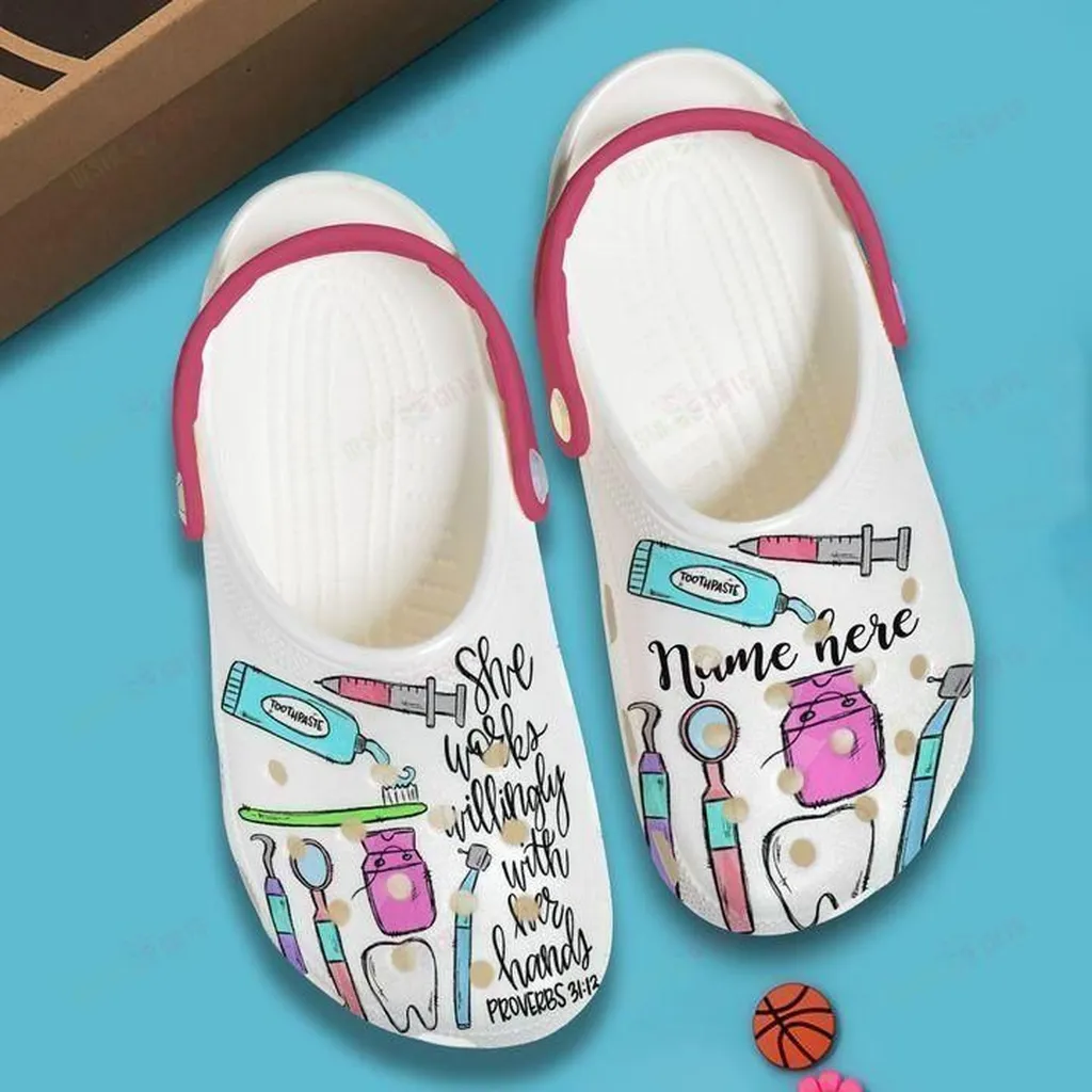 Dentist Personalized White Sole She Works Willingly Crocs Classic Clogs