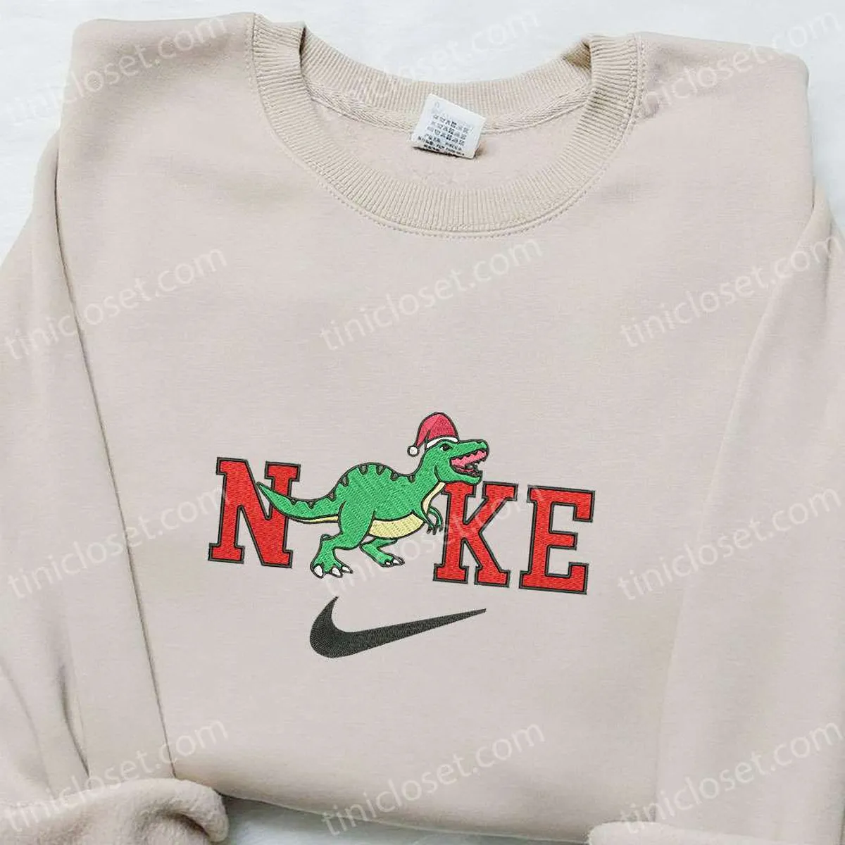 Dinosaur Roaring Christmas x Nike Embroidered Sweatshirt, Cartoon Christmas Embroidered Shirt, Best Christmas Gift Ideas