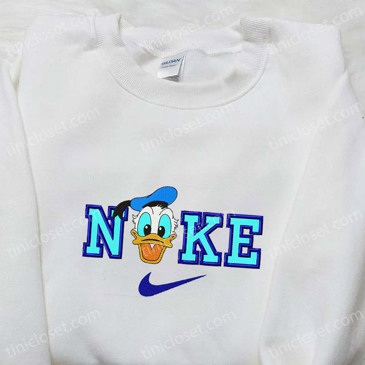 Donald Duck x Nike Cartoon Embroidered Sweatshirt, Donald Duck Embroidered Shirt, Nike Inspired Embroidered Shirt