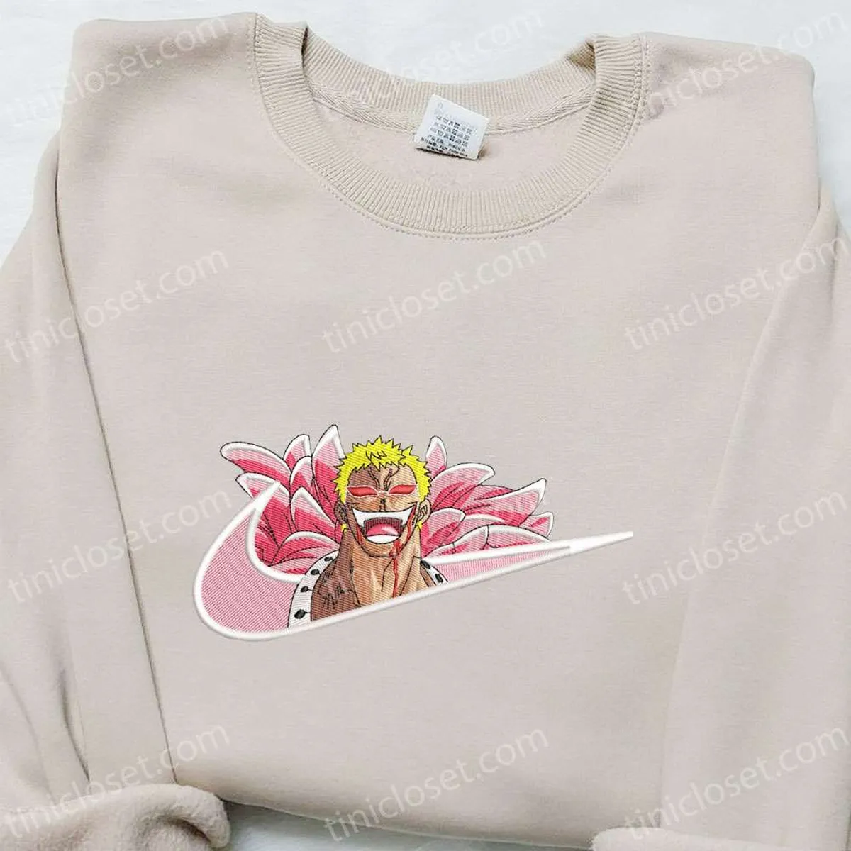 Donquixote Doflamingo x Swoosh Embroidered Hoodie, One Piece Embroidered Shirt, Nike Inspired Embroidered Shirt