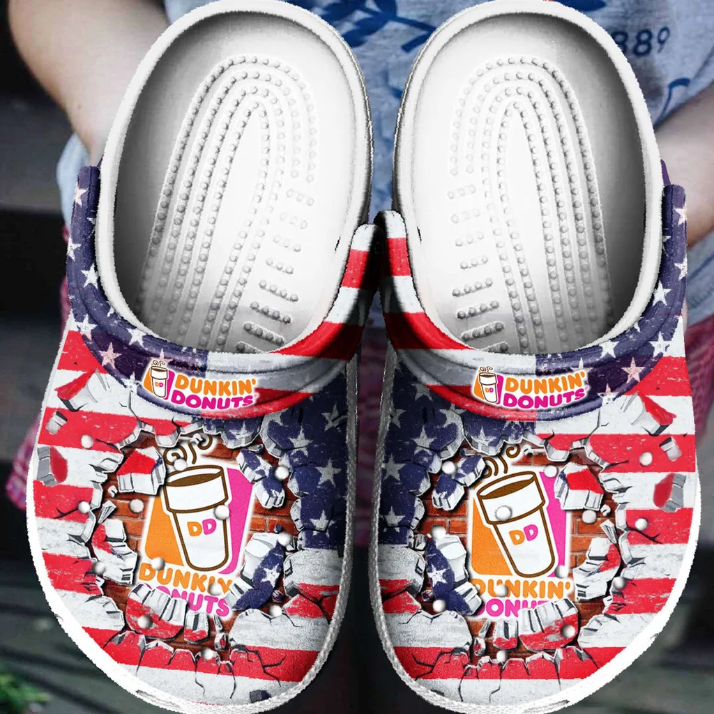 Dunkin Donuts Coffee Drink American Flag Comfortable For Man And Women Classic Water Rubber Crocs Clog