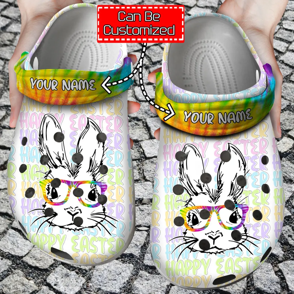 Easter Crocs - Personalized Easter Bunny Glasses Tye Dye Clog