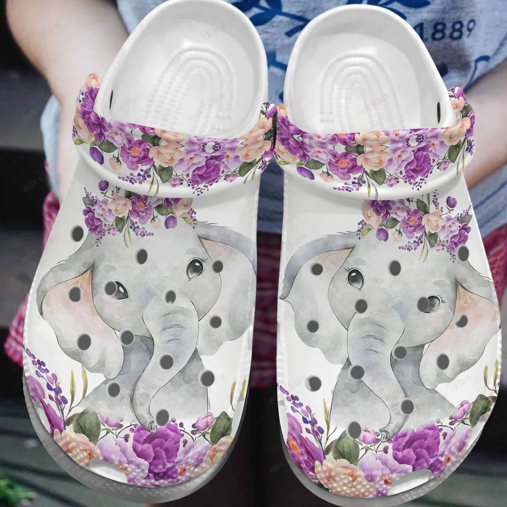 Elephant Crocs Classic Clog Whitesole Elephant And Flowers