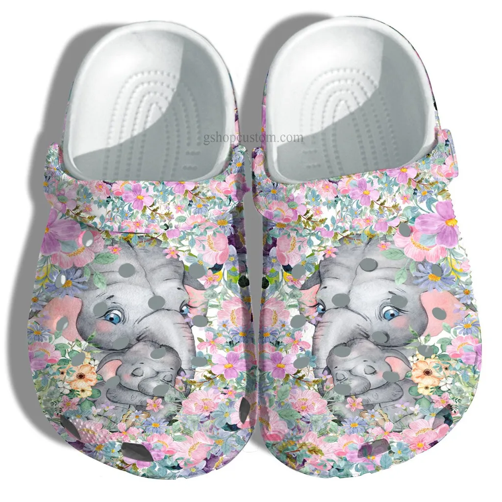 Elephant Mom Hug Baby Elephant Flower Crocs