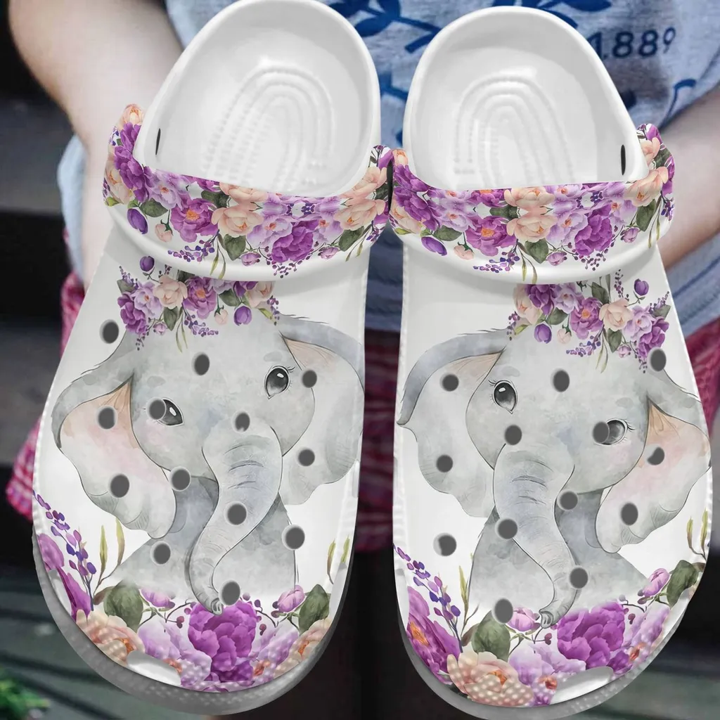 Elephant Personalize Clog Custom Crocs Fashionstyle Comfortable For Women Men Kid Print 3D Whitesole Elephant And Flowers