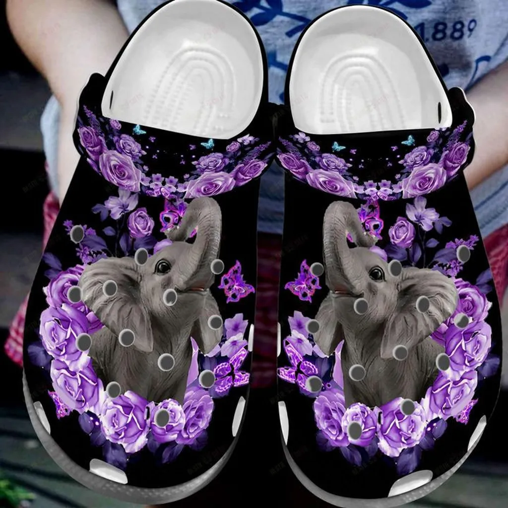 Elephant Purple Flower Crocs, Personalized Crocs Classic Clogs