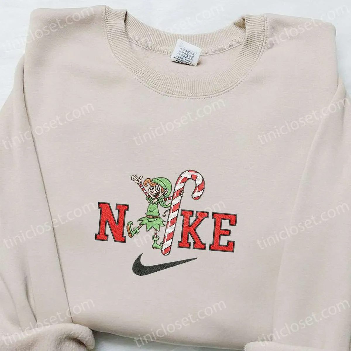 Elf and Candy Cane x Nike Christmas Embroidered Sweatshirt, Christmas Embroidered Shirt, Best Christmas Gift Ideas