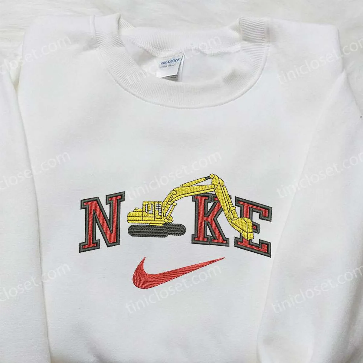 Excavator x Nike Embroidered Shirt, Transportation Embroidered Shirt, Custom Nike Embroidered Shirt