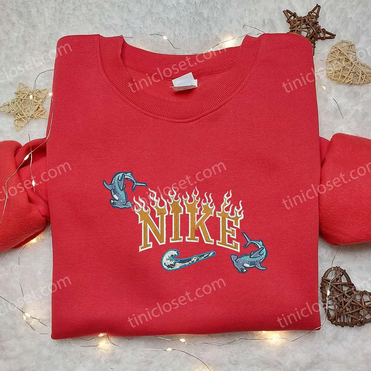 Flame Shark x Nike Embroidered Shirt, Animal Embroidered Shirt, Custom Nike Embroidered Shirt Flame Shark x Nike Embroidered Shirt, Animal Embroidered Shirt, Custom Nike Embroidered Shirt