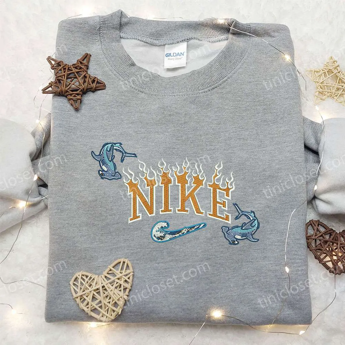 Flame Shark x Nike Embroidered Shirt, Animal Embroidered Shirt, Custom Nike Embroidered Shirt Flame Shark x Nike Embroidered Shirt, Animal Embroidered Shirt, Custom Nike Embroidered Shirt