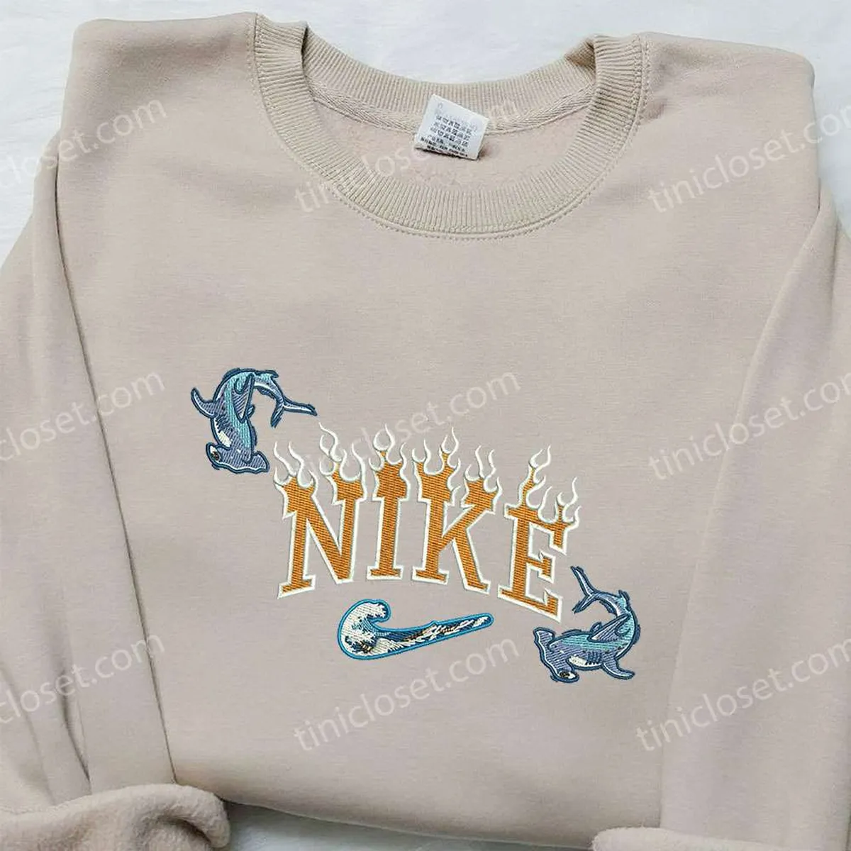 Flame Shark x Nike Embroidered Shirt, Animal Embroidered Shirt, Custom Nike Embroidered Shirt Flame Shark x Nike Embroidered Shirt, Animal Embroidered Shirt, Custom Nike Embroidered Shirt