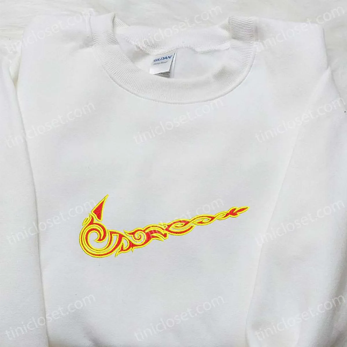 Flame x Nike Swoosh Embroidered Hoodie, Nike Inspired Embroidered Shirt, Best Gift for Family