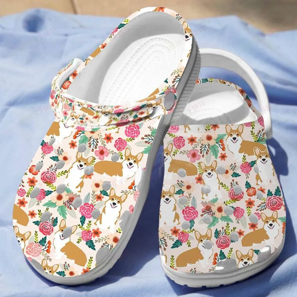 Floral Corgi Crocs, Personalized Crocs Classic Clogs