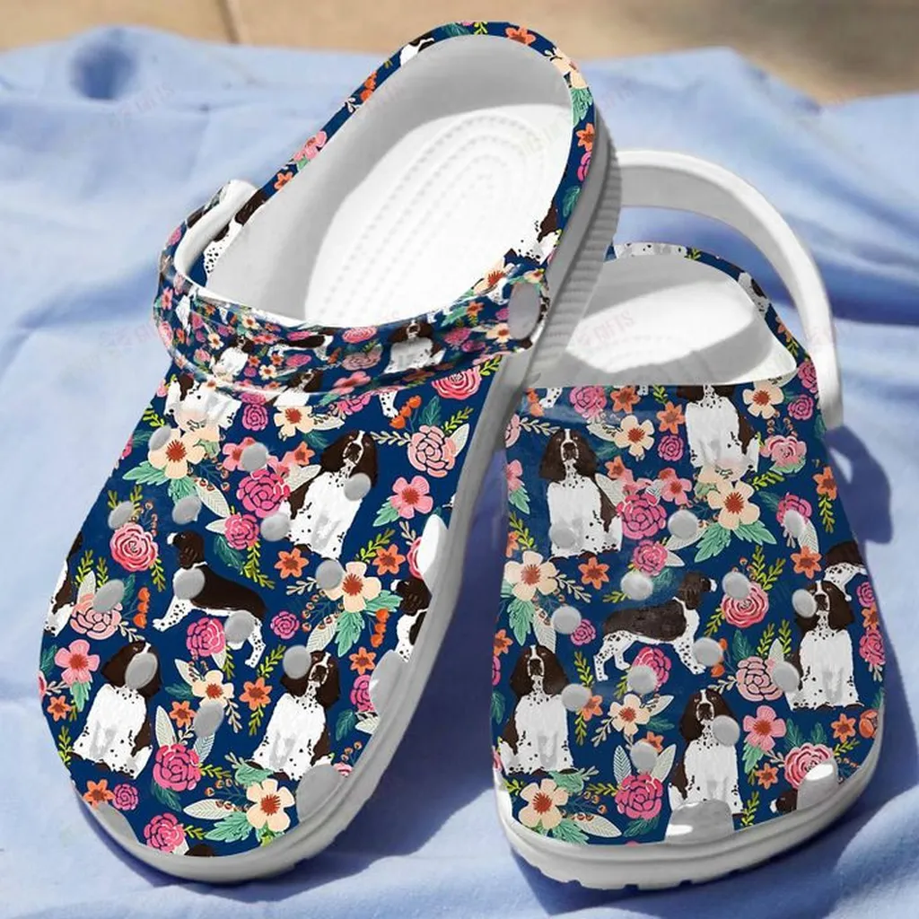 Floral English Springer Spaniel Crocs, Personalized Crocs Classic Clogs