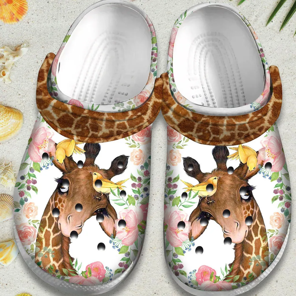 Flower Giraffe With Bird Cute Animal Gift For Lover Rubber Crocs Clog