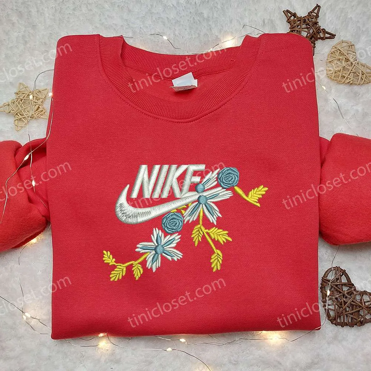 Flowers x Nike Embroidered Shirt, Gift For Daughter Embroidered Shirt, Custom Nike Embroidered Shirt