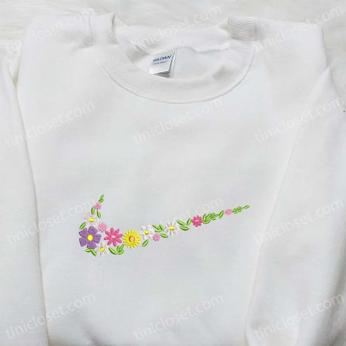 Flowers x Nike Swoosh Embroidered Shirt, Nike Inspired Embroidered Shirt, Best Gift for Family