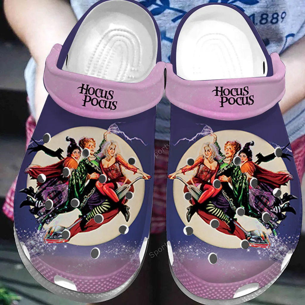 Funny Purple Hocus Pocus On Broom Halloween Clogs