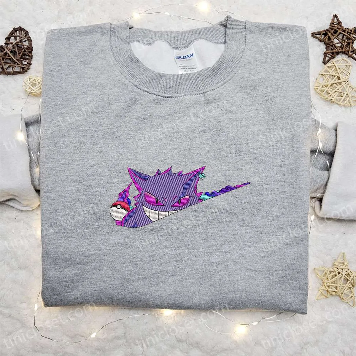 Gengar x Nike Swoosh Anime Embroidered Shirt, Pokemon Embroidered Shirt, Nike Inspired Embroidered Shirt