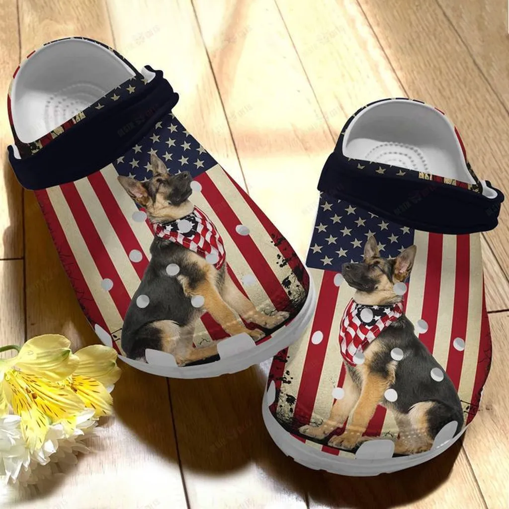 German Shepherd White Sole German Shepherd And Flag Crocs Classic Clogs