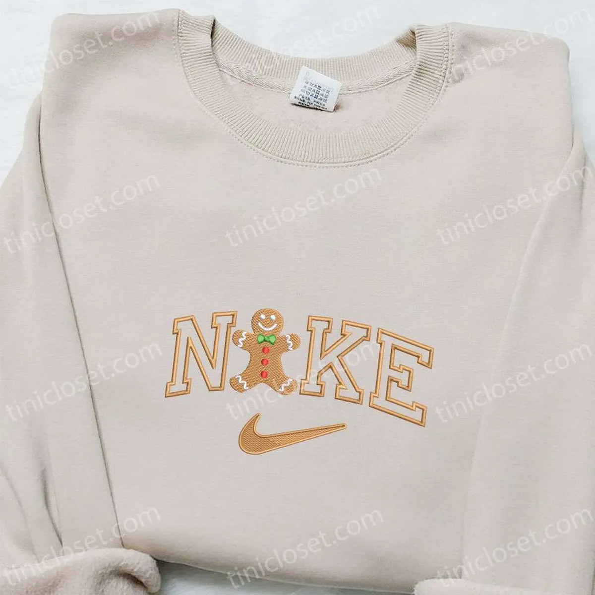 Gingerbread Man Happy x Nike Embroidered Shirt, Christmas Embroidered Sweatshirt, Nike Inspired Embroidered Hoodie