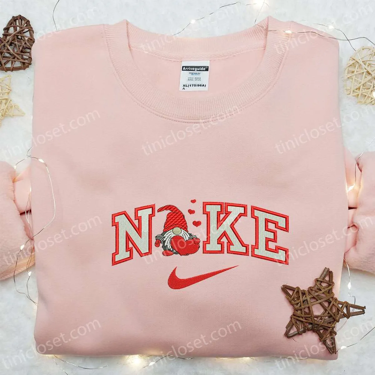 Gnome Heart x Nike Embroidered Shirt, Christmas Embroidered Shirt, Custom Nike Embroidered Shirt