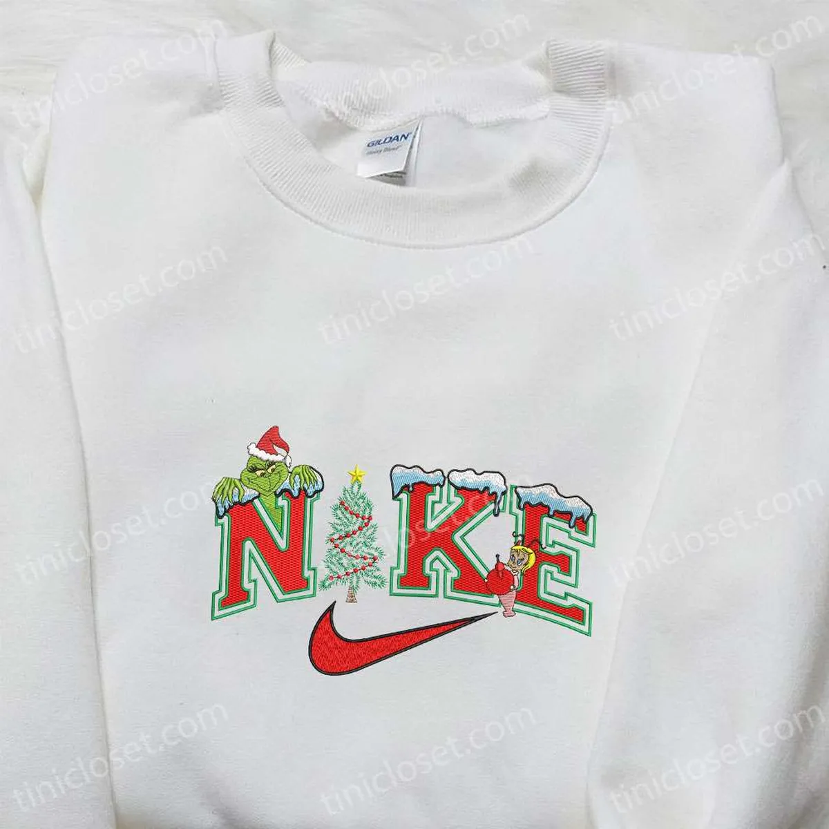 Grinch And Cindy Lou With Christmas Tree x Nike Embroidered Shirt, Christmas Embroidered Hoodie, Best Gift Ideas