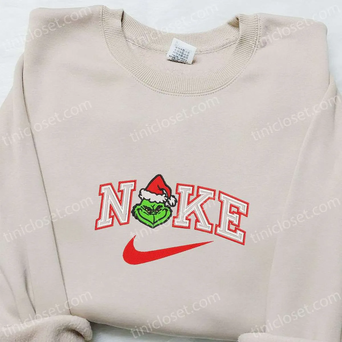 Grinch Face Santa Hat x Nike Embroidered Shirt, Christmas Embroidered Hoodie, Nike Inspired Embroidered Sweatshirt