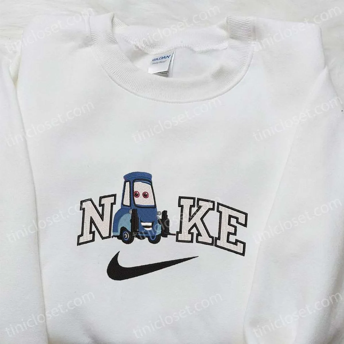 Guido x Nike Cartoon Embroidered Sweatshirt, Pixar Cars Embroidered Shirt, Nike Inspired Embroidered Shirt