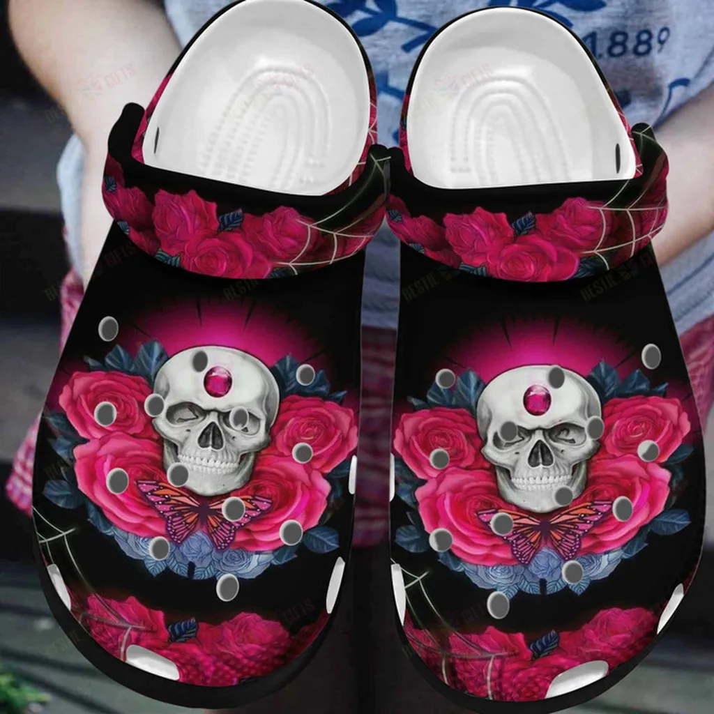 Halloween Skull Roses Crocs Classic Clogs