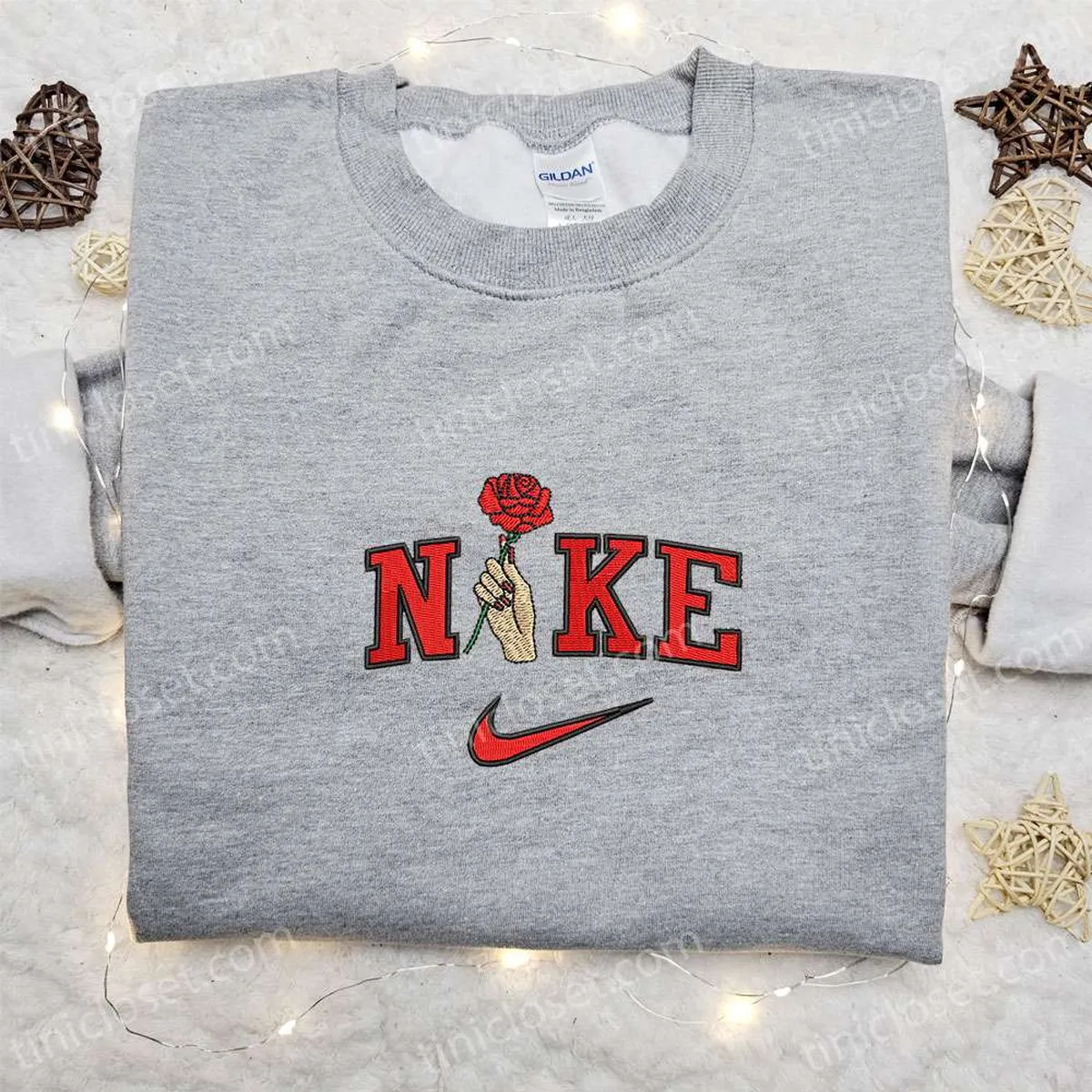 Hand With Red Rose x Nike Embroidered Shirt, Nike Embroidered Hoodie, Best Gifts For Family