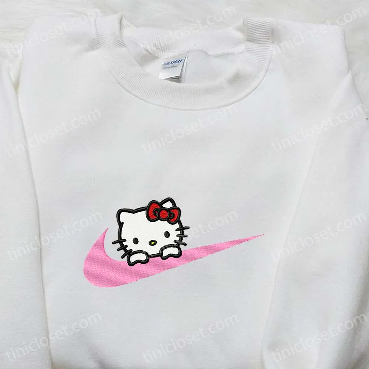 Hello Kitty x Nike Swoosh Cartoon Embroidered Shirt, Hello Kitty Embroidered Shirt, Nike Inspired Embroidered Shirt